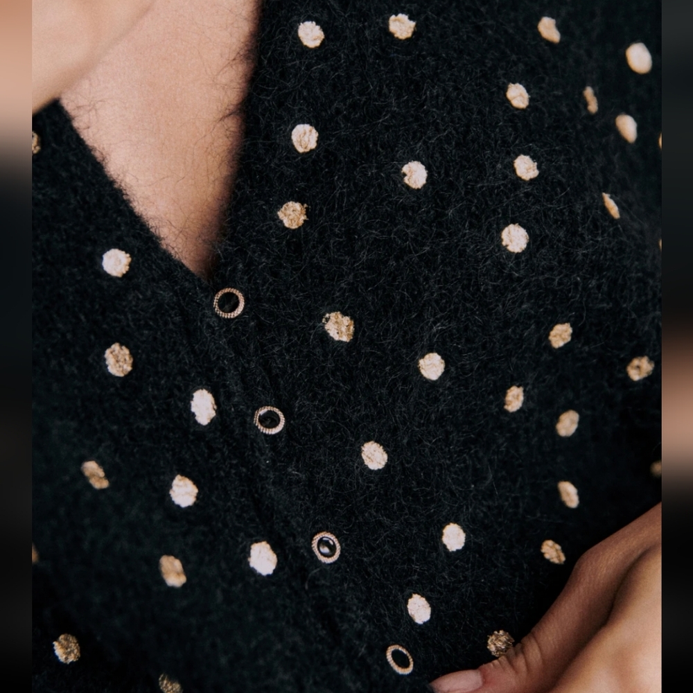 Sezane Lizy Wool/ Kid Mohair Long Sleeve Black Cardigan w/ Gold Polka Dots - Picture 3 of 7